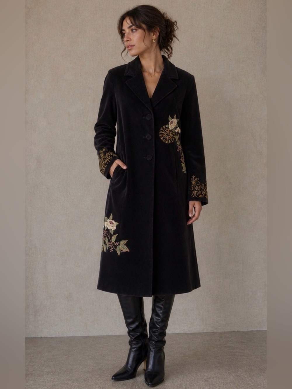 CAbi Embroidered Velvet Long Trench Coat
